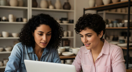 Empowered Entrepreneurs Crafting Success Two Female Business Owners Collaborate on Laptop in Pottery Studio Building a Stronger Future Through Partnership and Dedication