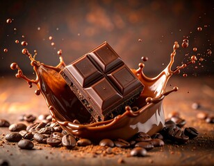 Dark chocolate bar splashes into slick cocoa pool