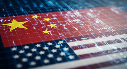 US China Trade War Digital Conflict USA and China flags merge with digital data streams portraying economic competition cybersecurity AI global partnership tension