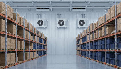 Obraz premium Warehouse interior with stacked boxes and crates storage