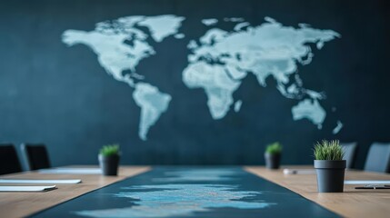 Modern conference room with world map on chalkboard wall and long wooden table with notebooks and potted plants for business meetings and international collaboration