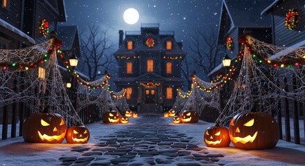 Spooky Halloween pumpkins glowing on a snowy street decorated with Christmas lights and spider webs under a full moon night