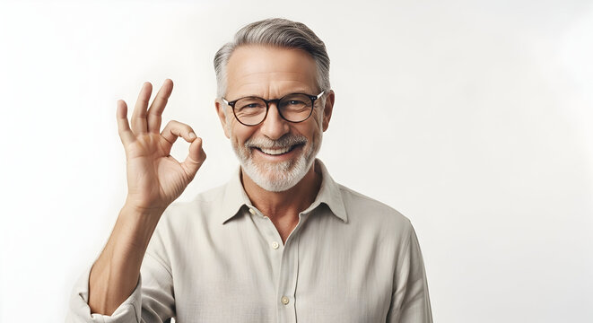Positive Senior Business Man Showcasing Approval and Success A Portrait of an Older Businessman Confidently Giving an OK Gesture on White Ideal for Corporate Use