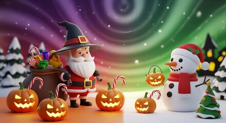 Cute 3D illustration of Santa Claus and a snowman with Halloween pumpkins and Christmas decorations