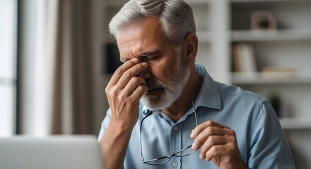 Senior Man's Digital Eye Strain Aches: Tired Eyes and Computer Overuse Relief, Elderly Man Rubbing Eyes, Stress Frustration Burnout Fatigue, Remote Work Vision Care