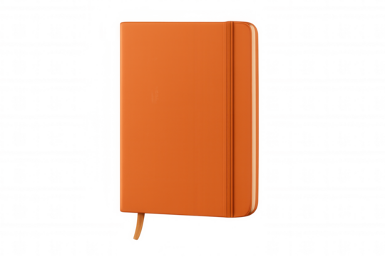 Orange notebook with elastic band and bookmark, blank journal for writing thoughts, planner isolated on transparent background