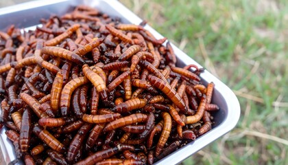 Roasted mealworms in a tray