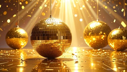 Elegant golden disco ball with shimmering lights background for celebration