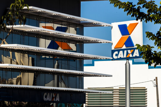 Modern facade of Caixa Econ&ocirc;mica Federal branch, Brazilian bank. 