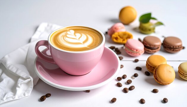 Pink coffee cup with latte art and macarons