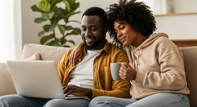Cozy Home Connection An African American Couple Embracing Digital Lifestyle Laptop Bonding Sharing Online Moments and Sipping Warm Beverages Together Enjoying Leisure