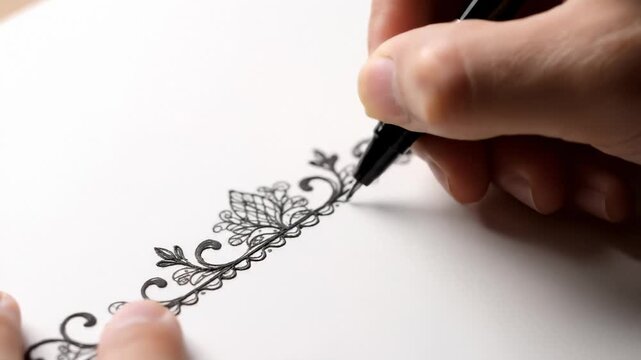 Person's hand meticulously sketching delicate ornamental pattern on white surface.