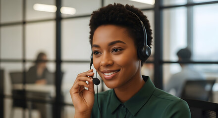 Customer Service Excellence Professional Black Woman Smiling Happily Wearing a Headset in a Modern Office Communicating Solving Problems Building Relationships Globally