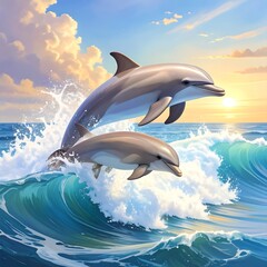 Two dolphins leaping over waves at sunset