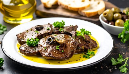 Roasted meat slices with herbs and olives