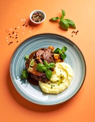 Roasted meat with mashed potatoes and vegetables