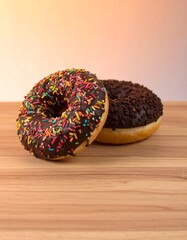 Two donuts on a wooden surface