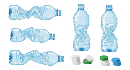 Crushed and intact plastic bottles with caps isolated on transparent background for recycling concept
