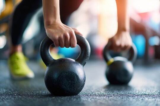 Close-up of athlete performing kettlebell push-up exercise in modern gym - Powered by Adobe