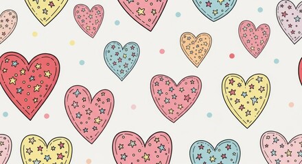A repeating pattern on cream, featuring numerous colorful hearts dotted with stars and surrounded by faint polka dots