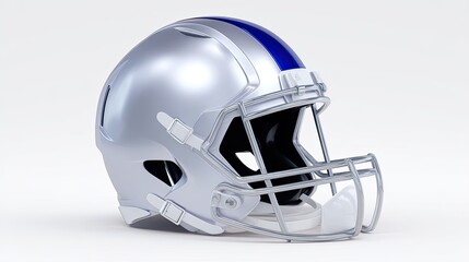 Naklejka premium Metallic football helmet with blue stripe isolated on a light background for sports concepts and team branding uses