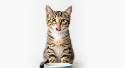 Obraz premium Tabby kitten licks its nose while sitting in front of a bowl on a plain white background