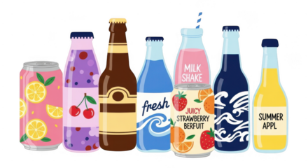 Colorful assorted beverage bottles and cans with fruit flavors and summer themes isolated on transparent background