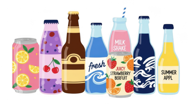 Colorful assorted beverage bottles and cans with fruit flavors and summer themes isolated on transparent background