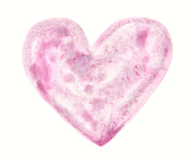 Pink watercolor heart with soft texture and subtle white accents on white background.