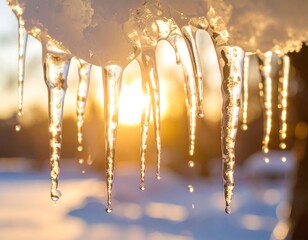 Golden sunset shining through melting icicles