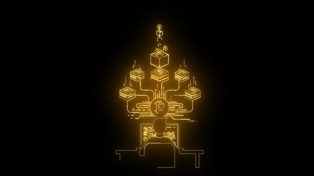 Human mining bitcoin with glowing yellow neon line motion