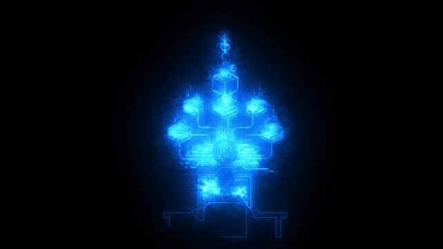 Illustration of bitcoin mining glowing in blue neon.
