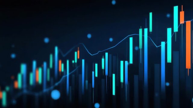 Financial chart with glowing blue and orange candlestick bars and line graph dark background showing dynamic market trends and data analysis visualization combined with abstract financial chart