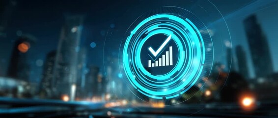 Futuristic digital interface with glowing checkmark and bar chart symbol blue over blurred cityscape night representing success progress technology business digital checkmark icon with rising bar - Powered by Adobe