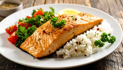Roasted salmon with rice and vegetables on a plate