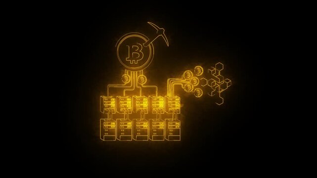 Illustration of blockchain mining glowing orange neon
