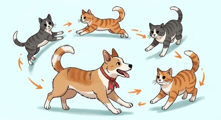 Naklejka premium Animated loop of a dog being chased by gray and orange striped cats on a light blue background