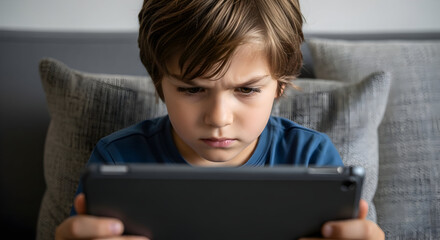 Digital Age Dilemma Capturing a Young Boys Frustration with Technology a Moment of Childhood Confusion and Modern Day Challenges of Screen Time and Concentration