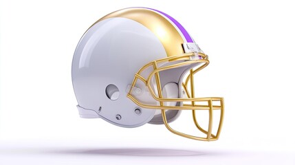Fototapeta premium Glossy American Football Helmet with Golden Facemask and Purple Stripe on White Design