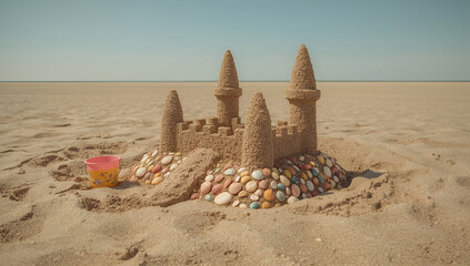 Sandcastle creation in a serene beach background coastal artistry daylight scene captivating view childhood nostalgia