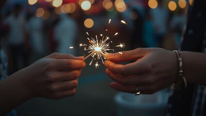 Celebration sparks hands with varied skin tones outdoor festival nighttime close-up diverse background