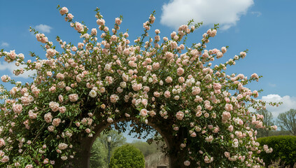 Serene garden arch adorned with abundant flowers tranquil setting nature open sky captivating background