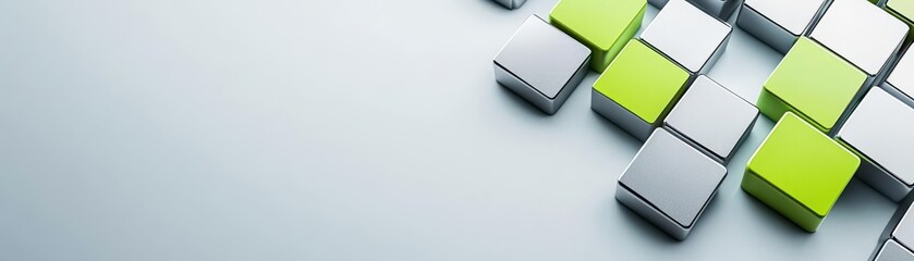 Close-up of a modern abstract geometric tile pattern with white, gray, and bright green square blocks arranged in a staggered layout on a smooth surface