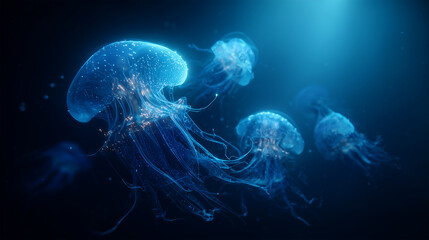 Underwater scene with glowing plankton or jellyfish