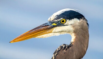 Sharp close-up of a heron's head and yellow eye