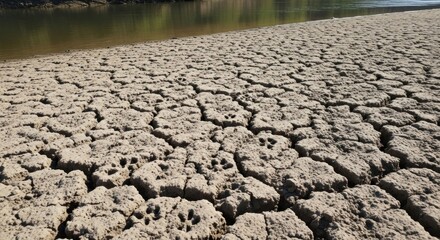 Parched earth cracking under a glaring sun, near a tranquil riverbank