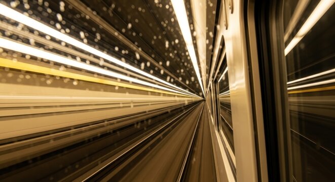 View from a fast-moving train through a tunnel, streaks of light and blurred motion
