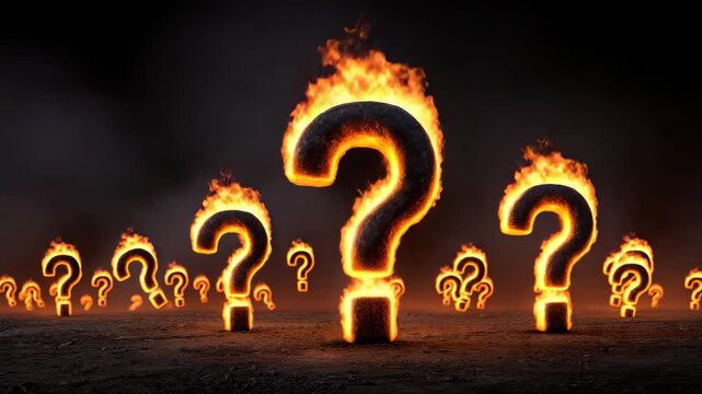 Fiery question mark symbol burning with intense glowing flames on dark background creating dramatic mysterious atmosphere filled with curiosity and intense burning mystery flame