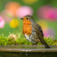 Robin bathing in a garden fountain