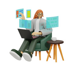 3D Woman Working Remotely with Laptop and Virtual Interfaces